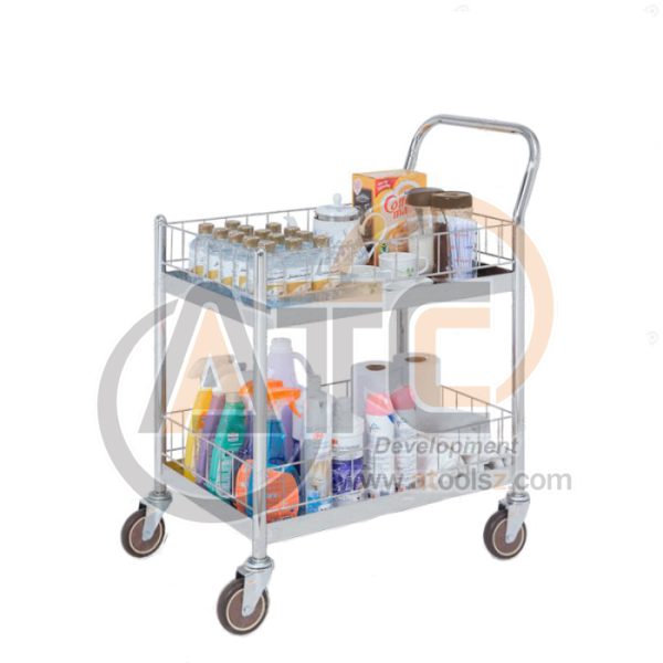 รถเข็นสเตนเลส 2 ชั้น แบบมีคอกล้อม มือจับข้างเดียว ล้อ PU ST2-5007SM - Image 3