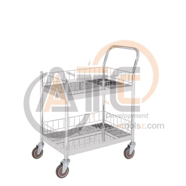 รถเข็นสเตนเลส 2 ชั้น แบบมีคอกล้อม มือจับข้างเดียว ล้อ PU ST2-5007SM