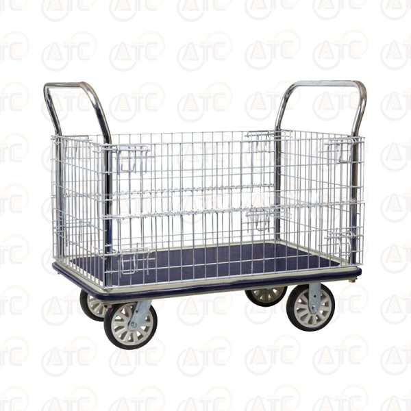 รถเข็นพื้นเหล็กชั้นเดียว มือจับ 2 ข้าง มีคอกล้อม 650 กก. ล้อ PU HG-513N