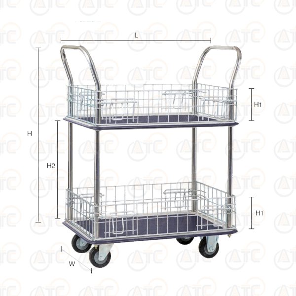 รถเข็นพื้นเหล็ก 2 ชั้น มือจับ 2 ข้าง มีคอกล้อม 220 กก. ล้อ PU HL-120MN