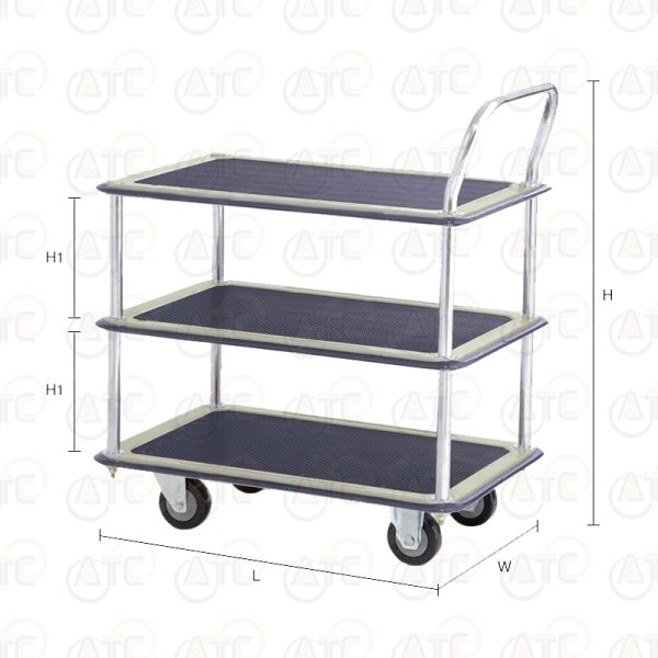 รถเข็นพื้นเหล็ก 3 ชั้น มือจับข้างเดียว 220 กก. ล้อ PU HL-130SN