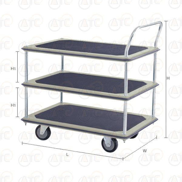 รถเข็นพื้นเหล็ก 3 ชั้น มือจับข้างเดียว 370 กก. ล้อ PU HB-230SN