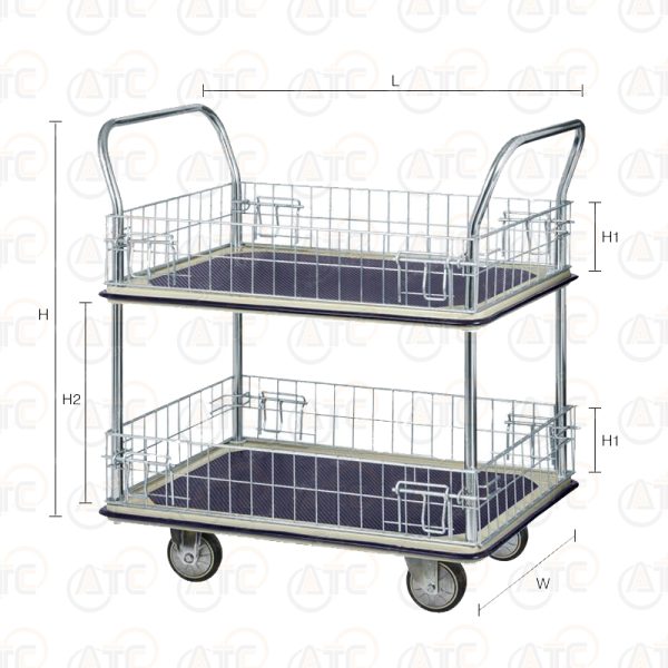 รถเข็นพื้นเหล็ก 2 ชั้น มือจับ 2 ข้าง มีคอกล้อม 370 กก. ล้อยาง HB-220MN