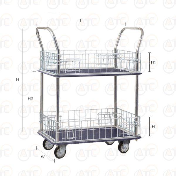 รถเข็นพื้นเหล็ก 2 ชั้น มือจับ 2 ข้าง มีคอกล้อม 220 กก. ล้อยาง HL-120MN