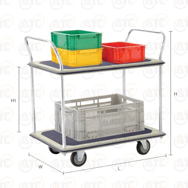 รถเข็นพื้นเหล็ก 2 ชั้น มือจับ 2 ข้าง 370 กก. ล้อ PU HB-220DN - Image 2