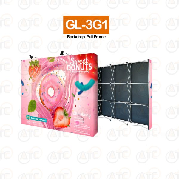 Backdrop-ป้ายแบคดรอปออกบูธ หน้าตรง-ข้างตรง/โครงเหลี่ยม3×7ช่อง GL-3G1(3×7)