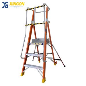 บันไดไฟเบอร์กลาสแพลตฟอรม์ติดล้อ3ฟุตมีราวจับและกันตก+ขาค้ำยันXG-152F3