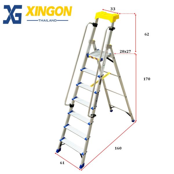 บันไดอลูมิเนียมแพลตฟอร์มมีราวจับและถาดวางเครื่องมือ7ฟุต XG-337A7 - Image 4