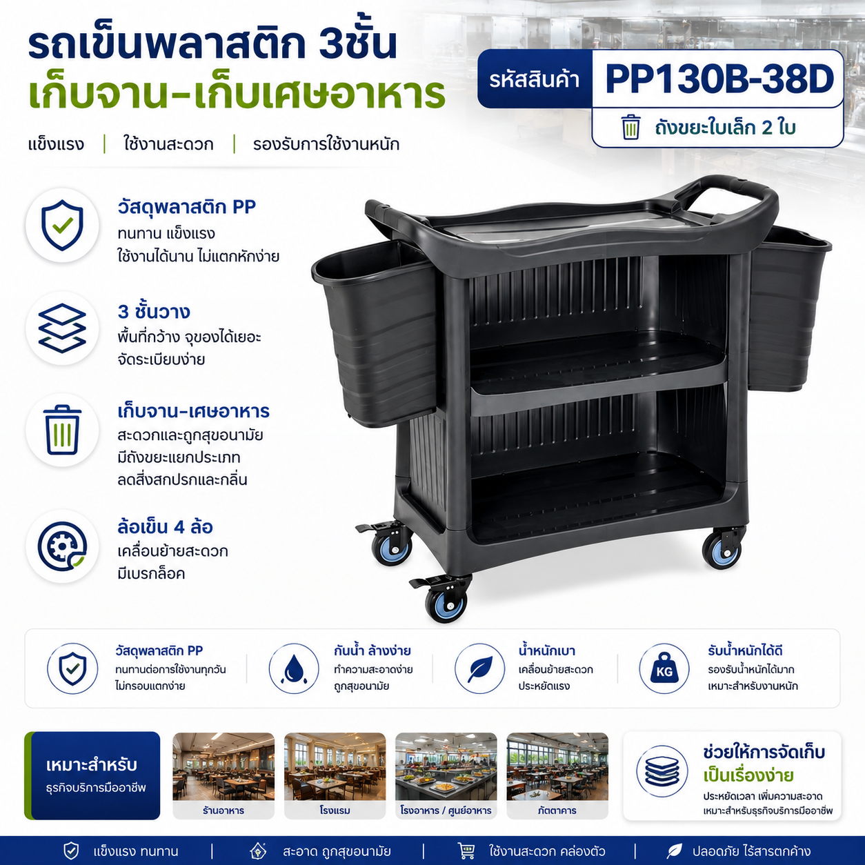 รถเข็นพลาสติก3ชั้นพร้อมแผ่นปิด3ด้านพร้อมถังเก็บเศษอาหารถังเล็ก2ใบ PP130B-38D