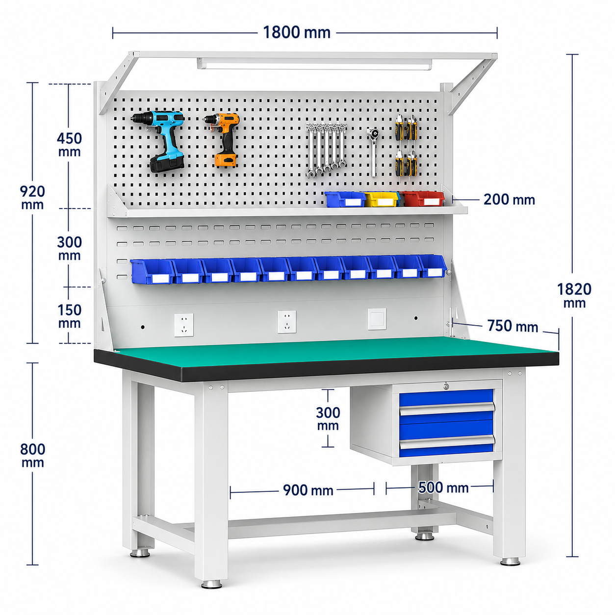 โต๊ะทำงานช่าง ESD พร้อมแผงแขวน ชั้นวาง 2ลิ้นชัก + มีไฟLED HSB-180GP - Image 3