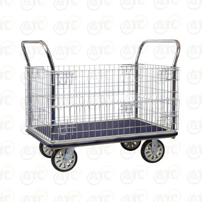 รถเข็นพื้นเหล็กชั้นเดียว มือจับ 2 ข้าง มีคอกล้อม 650 กก. ล้อ PU HG-513N