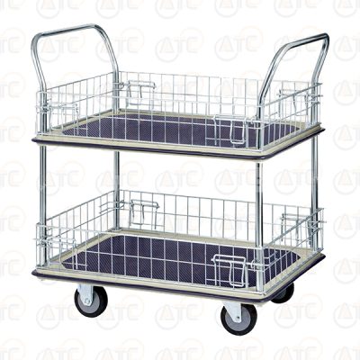 รถเข็นพื้นเหล็ก 2 ชั้น มือจับ 2 ข้าง มีคอกล้อม 370 กก. ล้อ PU HB-220MN