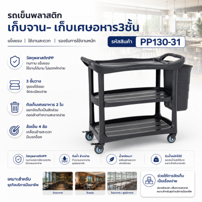 รถเข็นพลาสติกเก็บจาน-เศษอาหาร 3ชั้น ถังใหญ่1ใบ