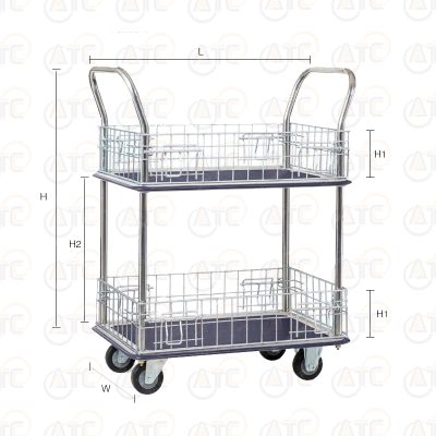 รถเข็นพื้นเหล็ก 2 ชั้น มือจับ 2 ข้าง มีคอกล้อม 220 กก. ล้อ PU HL-120MN