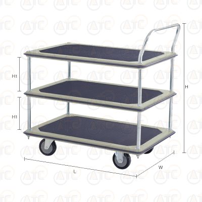 รถเข็นพื้นเหล็ก 3 ชั้น มือจับข้างเดียว 370 กก. ล้อ PU HB-230SN