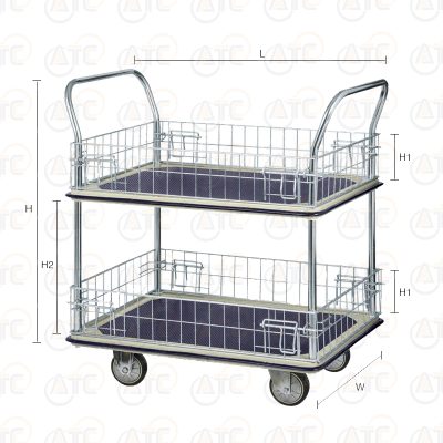 รถเข็นพื้นเหล็ก 2 ชั้น มือจับ 2 ข้าง มีคอกล้อม 370 กก. ล้อยาง HB-220MN